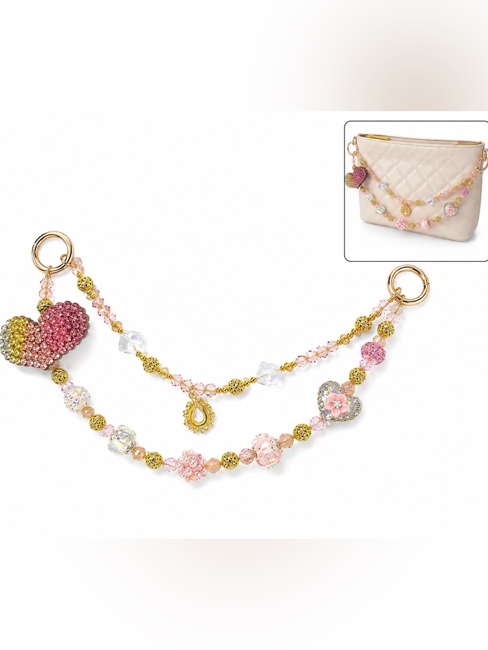 Handmade Pink Crystal Heart Bag Chain Charm gold bling sparkly lux new gift